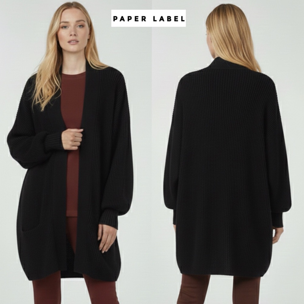 NEW PAPER LABEL ROW SHELL CARDI BLACK M L RIBBED CHUNKY KNIT CARDIGAN SWEATER